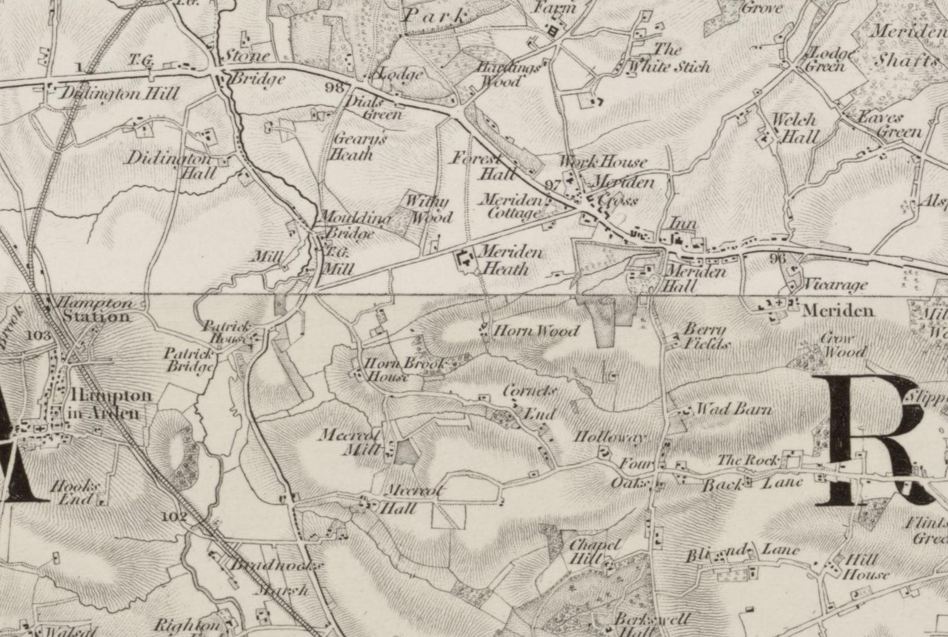 Map OS One Inch 1st 1798-1878 Meriden, Warwickshire